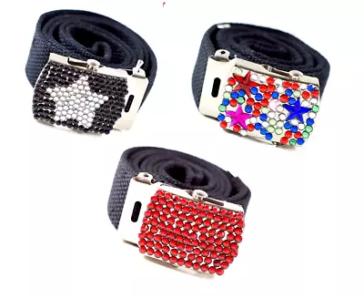 3 × Womens/ Girls Bling Buckle Canvas Belts Black - Adjustable • £5