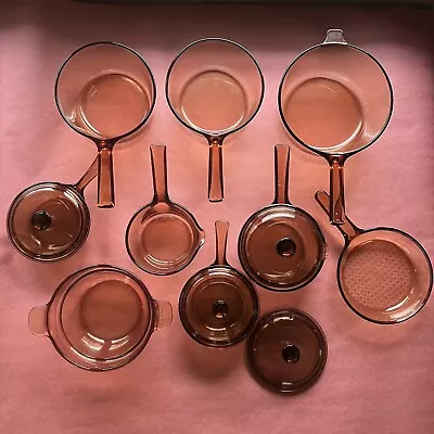 Set Of 13 Vision Corning French Amber Glass Skillet Pots And Lids • $225