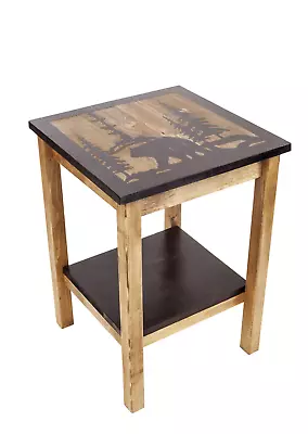 Black & Natural Wood Stained Bear Scene Country Cabin End Table W/Shelf • $257.95