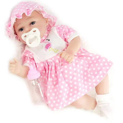 BiBi Doll 17  Realistic Reborn Baby Girl Doll Open Eyes Toy Dummy Bottle Pink • £18.99