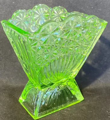 Green Vaseline Glass Daisy & Button Pattern Flower Rose Fan Vase Uranium Yellow • $22.50