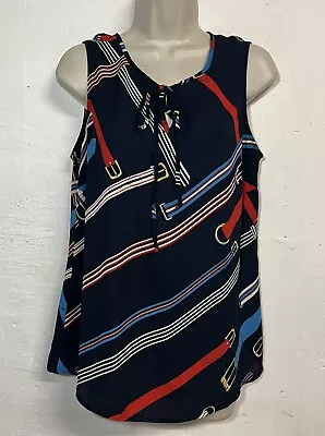 Cabi Style 5736 Medium Sleeveless Blouse Navy Blue Belt Print Tie Neck Tank Top • $10.50