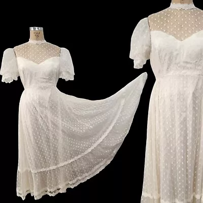 Vtg 70s Wedding Dress Plus Size XL Lace Bridgerton Boho Puff Sleeve Empire Maxi • $289.99