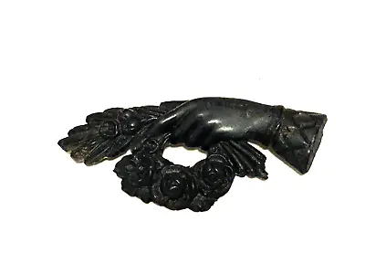 Antique Victorian  Vulcanite Mourning Goth Hand Rose Flower Brooch Pin • $92