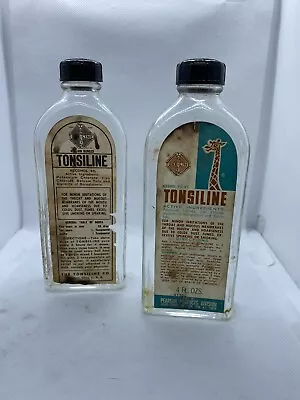 Tonsiline Medicine Bottle W/ Label & Embossed Giraffe Set Of 2 Vintage • $10