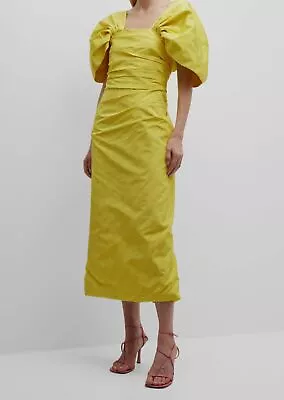 $5490 Oscar De La Renta Womens Yellow Moire Faille Puff-Sleeve Gown Dress Size 6 • $1757.18