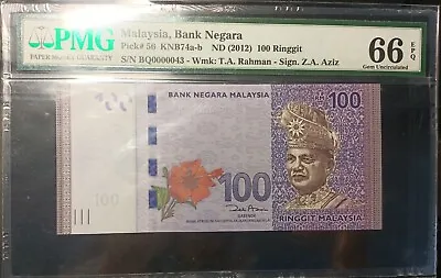 Malaysia Banknote Rm100 Pmg66epq Low Number Bq0000043 Zeti Gabenor • $98