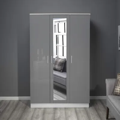 REFLECT 3 Door Mirrored Wardrobe 180 X 113 X 47 In Grey High Gloss & Matt White • £218.54