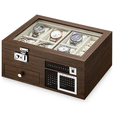 $45.99 • Buy Watch Box With Real Glass Lid Calendar Drawer Lockable Jewelry Organizer