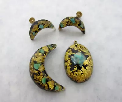 Vintage Confetti Lucite Crescent Moon Pin Brooch Pendant Screw Back Earrings Set • $36.95