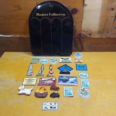 Vintage Fridge Magnets Lot Of 23 Plus Metal Display Backer • $30