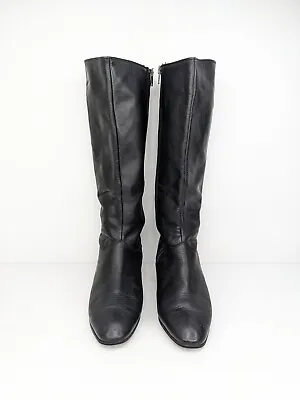 70s 80s Vintage Black Schieler Germany High Tall Leather Boots Size 7 Ladies • $30