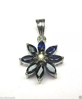 Beautiful Marquise Shape Sapphire Flower Design & Diamond Pendant With 16  Chain • $100