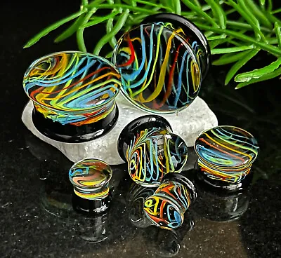 PAIR Neon Rainbow Swirls Design Pyrex Glass Plugs Gauges Body Jewelry • $15.95