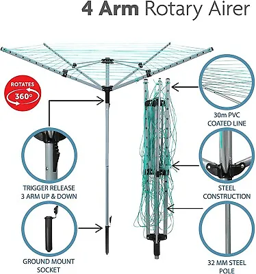 Outdoor Rotary Clothes Airer/Dryer Washing Line Water Proof Heavy Duty 4 Arm New • £46.99