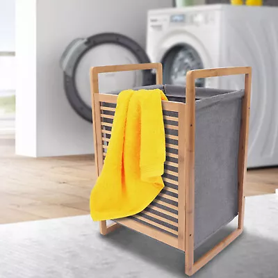 Natural Wood Rectangle Hamper Laundry Basket Washing Clothes Bin Storage Bag Lid • $32.30