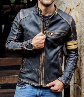 Men's Leather Jacket Cafe Racer Biker Black Motocycle Distressed Genuine Leather • $98.99