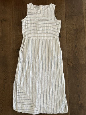 $15 • Buy Mango Casual Size Large Cotton Beige Linen Style Striped Byron Cream Dress