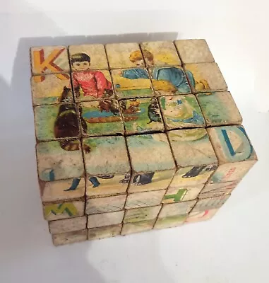 £120 • Buy Vintage Victorian Nursery Puzzle Blocks ABC Lithograph Animal Theme Complete 80