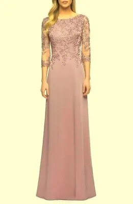 La Femme Dusty Mauve Sparkle Floral Embroidered Illusion Gown Size 6 $535 • $155.28