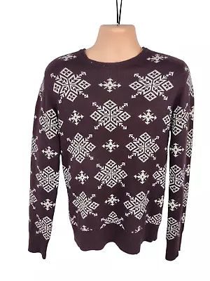 Men's Red Herring Uk Small S Dark Plum Xmas Snowflake Knit Casual Jumper Sweater • £11.99