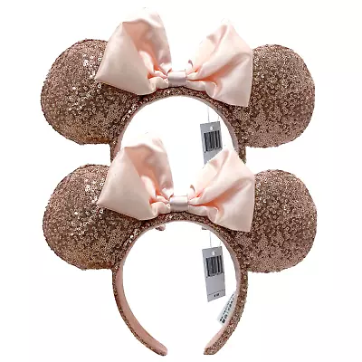 2PCS Disney Parks Rose Gold Sequin Pink Bow Minnie Mickey Mouse Ears Headband • $27.65