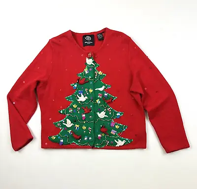 Michael Simon Christmas Tree Sweater Embellished Sequins Birds Party Ugly *SPOTS • $34