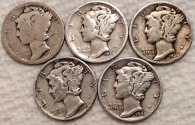 5 Mercury Dimes Lot Of Five - Varied Dates And Conditions! 90% Silver - MERC523 • $15.05