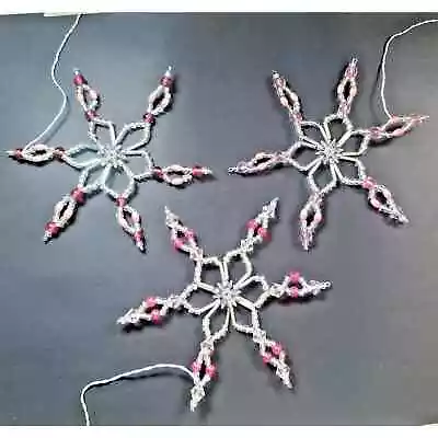 3 Vintage Beaded Snowflakes Christmas Ornaments Handmade Pink Mauve Crystal • $15