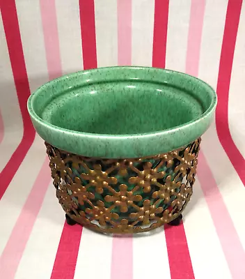 Gorgeous Mid Century Jadeite Ceramic Planter + Tin Punchout Pedestal Stand • $28