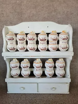 VINTAGE BROWN ONION SPICE RACK - With ELEVEN PORCELAIN SPICE SHAKERS • $38.99