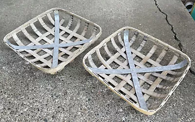 Set Of 2 16” Square Woven & Metal Tobacco Baskets Country Farmhouse Motif Decor • $10