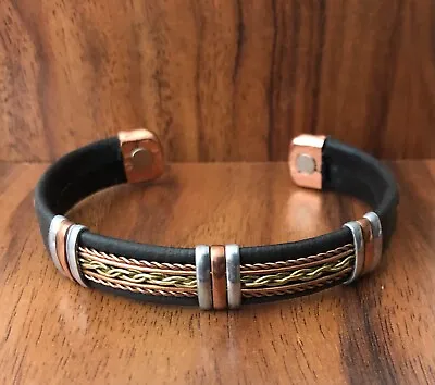 Solid Copper Leather Wrapped Magnetic Bracelet Energy Pain Jewelry Men Women • $13.99