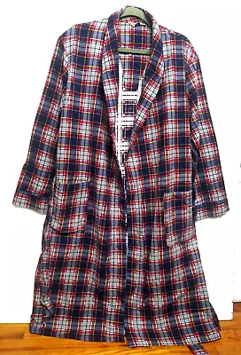 Vtg Mens Bath Robe L/XL Blue-red Plaid Belted Cotton Flannel Long Sleevepockets • $28