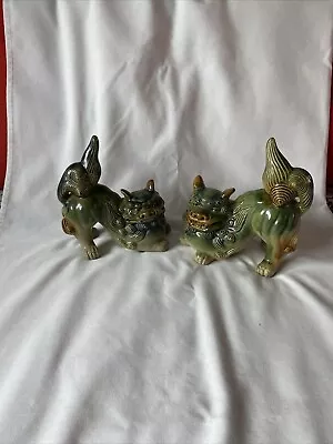 Vintage Set Of 2 Chinese Ceramic Green Temple Foo Dog Figurines. PreOwned; VGC. • $45.99