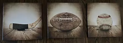 3 Pieces Vintage Sports Canvas Wall Art Hockey Football And Baseball • $75