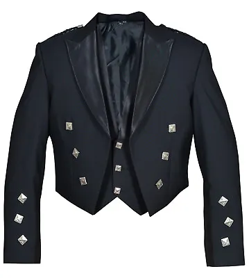 Formal Scottish Kilt Black Prince Charlie Jacket With 3 Buttons Vest • $110