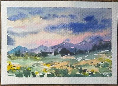 ACEO Original Watercolor Painting Landscape Mountains Sunset (2.5x3.5 In) NEW • $9