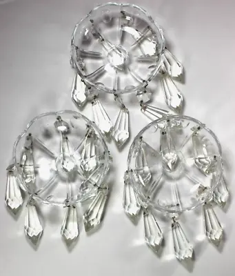 3 Vtg Chandelier Bobeches Cut Glass 4   W/ 24 Icicle Prisms 2  Long Thumbprint • $45