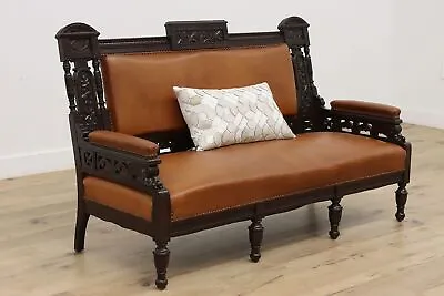 Victorian Eastlake Antique Mahogany & Leather Settee Or Sofa #47175 • $3450