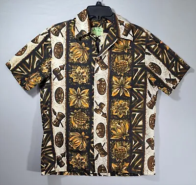 Vintage Ui-Maikai Tiki Mask Pineapples Brown Tribal Aloha Shirt Size S M • $49.99