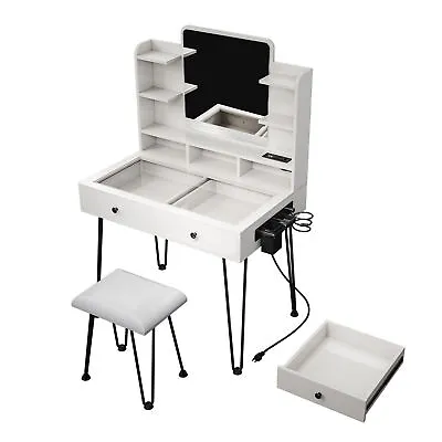 White Makeup Vanity Dressing Table Desk Set With Mirror + Stool + Power Station • $159.99