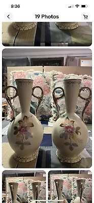 Victoria Carlsbad Hand Painted Vases Austria 12 Inches 1800’s • $122.80