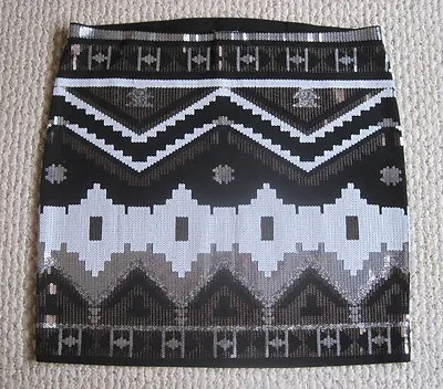 Nwt Express Small Silver Sequin Aztec Tribal Geometric Print Hi Waist Mini Skirt • $18.90