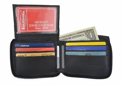 Slim Mens Bifold Zipper Around Leather Wallet Secure Multi Pocket Black Billfold • $11.90