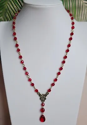 Vintage Red Necklace 20'' Garnet Czech Glass Beads Women's Jewelry Art Deco • $39.99