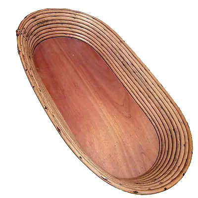 Vintage Mid Century Bent Rattan Tray Bamboo Oval Serving Tiki Bar Large 26  • $59