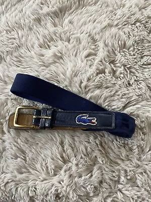 Lacoste Belt Mens Size 36  Stretch Fabric Leather Trim Gator Logo Navy/Brass • $24