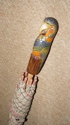 Vintage Checked Cotton Umbrella - Hand-Sculpted & Painted Parrot Handle • £195