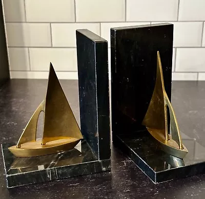 Brass Sailboat Bookends On Black Marble Pair MCM Retro Vintage 1970s Taiwan • $34.99